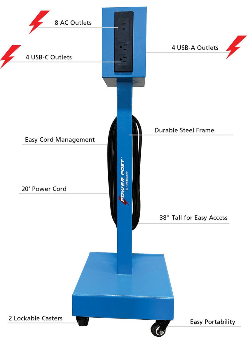 HamiltonBuhl PowerPost Mobile Charging Tower with 8 AC Outlets, 4 USB and 4 USB - C Ports (HML - CTB16) - SchoolOutlet