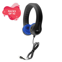 HamiltonBuhl USB-C Flex-Phones Virtually Indestructible EVA Foam Headphones – Black with Blue Ear Cushions - 42 Pack (HML-KIDS-XXX-42)