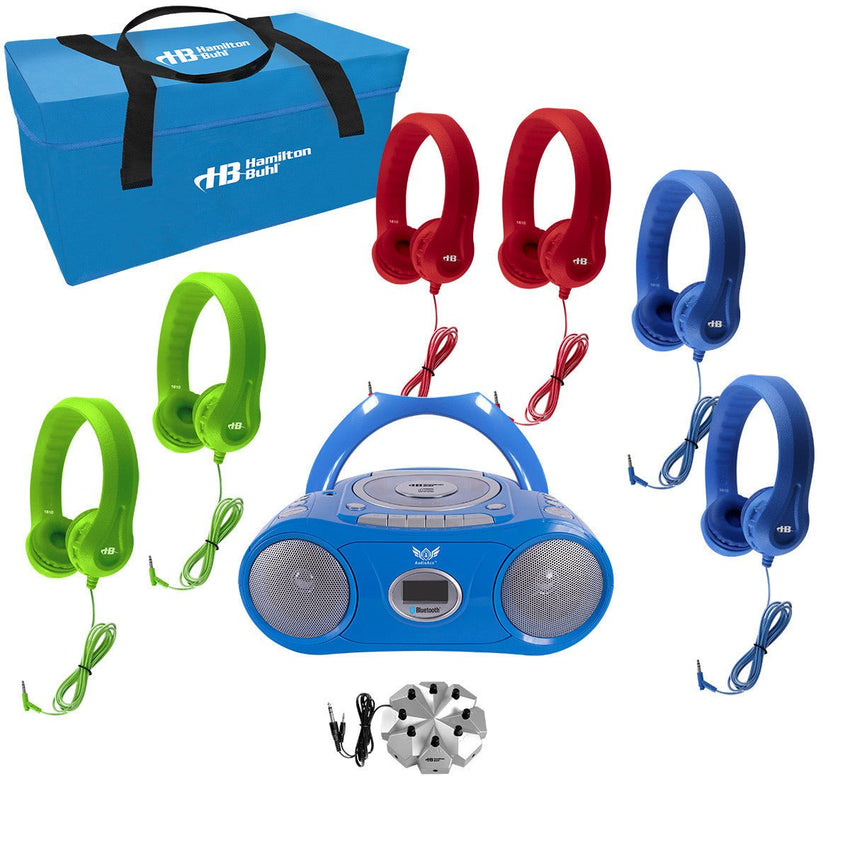 HamiltonBuhl 6 - Person Listening Center with AudioAce Bluetooth Media Player, 2 Blue, 2 Green and 2 Red Flex - Phones Headphones, Jackbox and Carry Case (HML - LCP/CD385/6FX) - SchoolOutlet