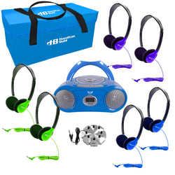 HamiltonBuhl 6-Station Listening Center with AudioAce Bluetooth Boombox, 6 Colorful SchoolMate Personal-Sized Headphones, Jackbox and Carry Case (HML-LCP/CD385/6HAC)