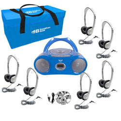 HamiltonBhul 6-Station Listening Center with AudioAce Boombox, 6 Personal-Sized Headphones with Leatherette Ear Cushions, Jackbox and Carry Case (HML-LCP/CD385/6MS2L)