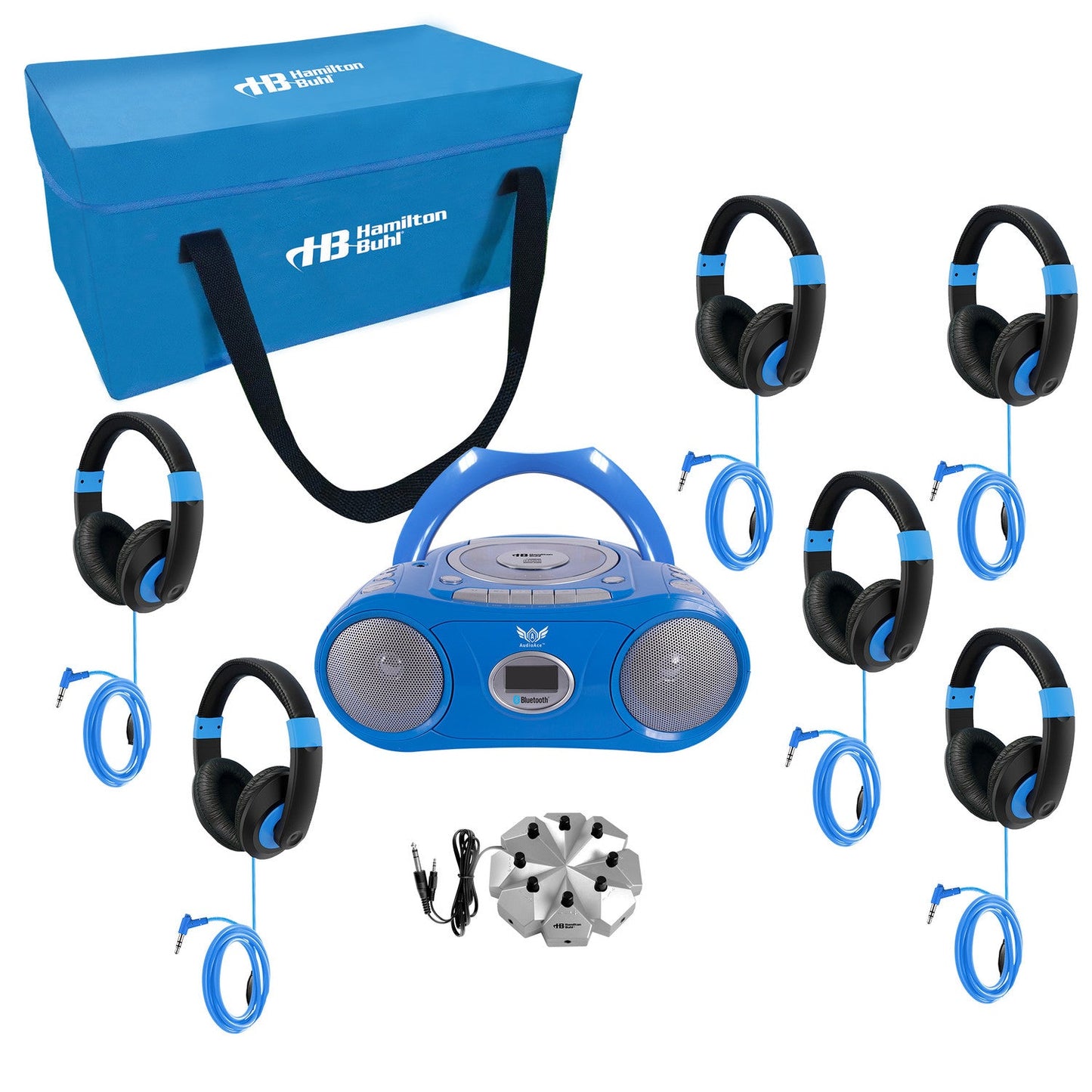 HamiltonBhul 6 - Station Listening Center with AudioAce Boombox, Jackbox and Smart - Trek Deluxe Headphones with Blue Accents (HML - LCP/CD385/6STB) - SchoolOutlet