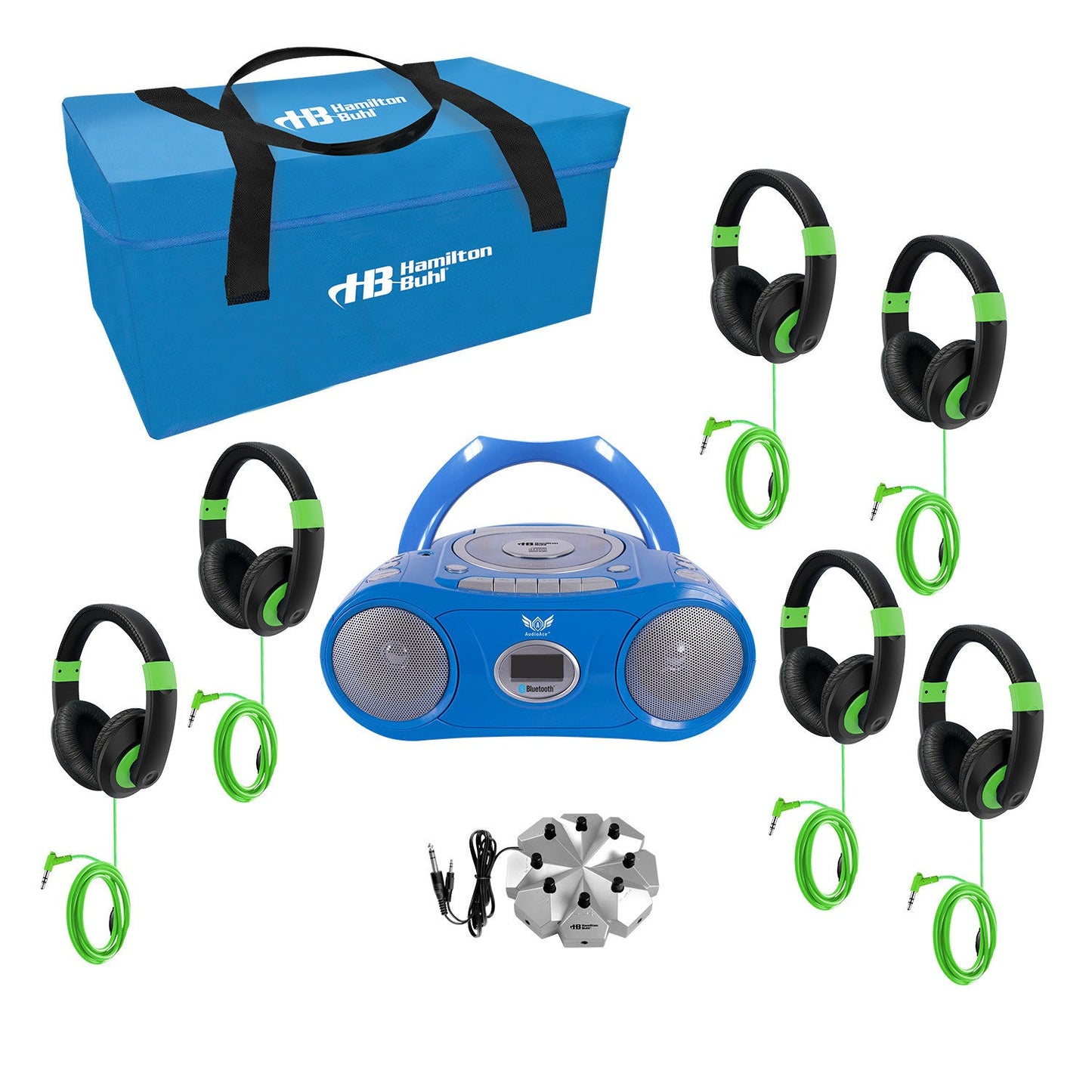 HamiltonBhul 6 - Station Listening Center with AudioAce Boombox, Jackbox and 6 Smart - Trek Deluxe Headphones with Green Accents (HML - LCP/CD385/6STG) - SchoolOutlet