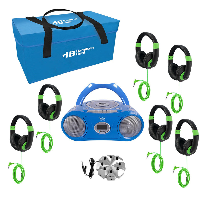HamiltonBhul 6 - Station Listening Center with AudioAce Boombox, Jackbox and 6 Smart - Trek Deluxe Headphones with Green Accents (HML - LCP/CD385/6STG) - SchoolOutlet