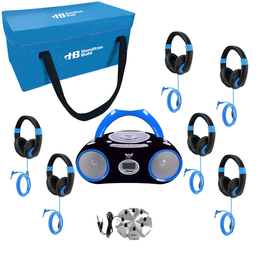 HamiltonBhul AudioAce Boombox 6 - Station Listening Center with Jackbox and Blue Accented Smart - Trek Deluxe Headphones (HML - LCP/CD385BL/6STB) - SchoolOutlet