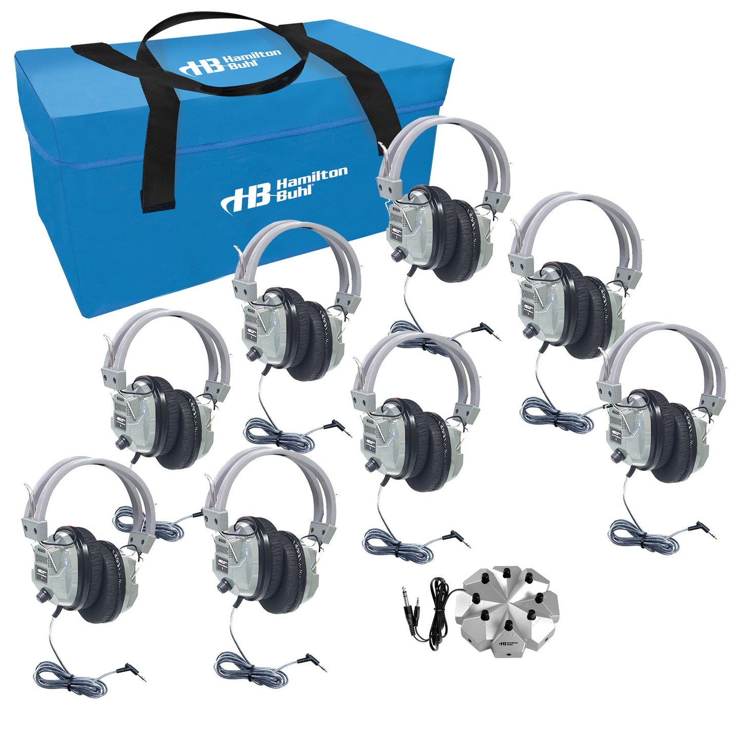 HamiltonBuhl Listening Center, 8 - Station Jackbox with Volume, Deluxe - Sized Headphones with Carry Case (HML - LCP/JBP - 8SV/HA5) - SchoolOutlet