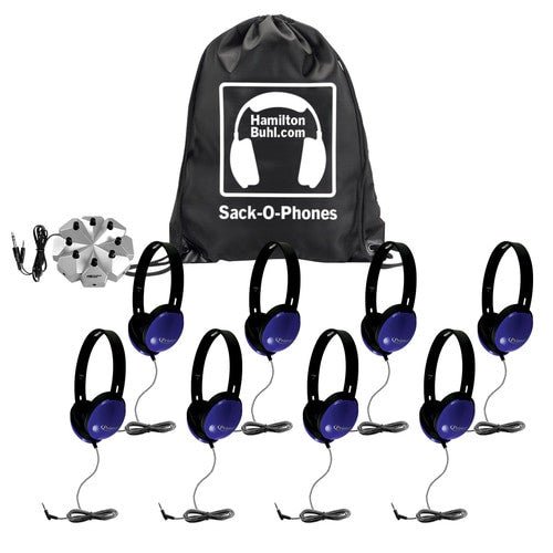 HamiltonBuhl Sack - O - Phones, 8 Blue Primo Headphones and 3.5mm Jackbox (HML - SOP - PRM8JB) - SchoolOutlet