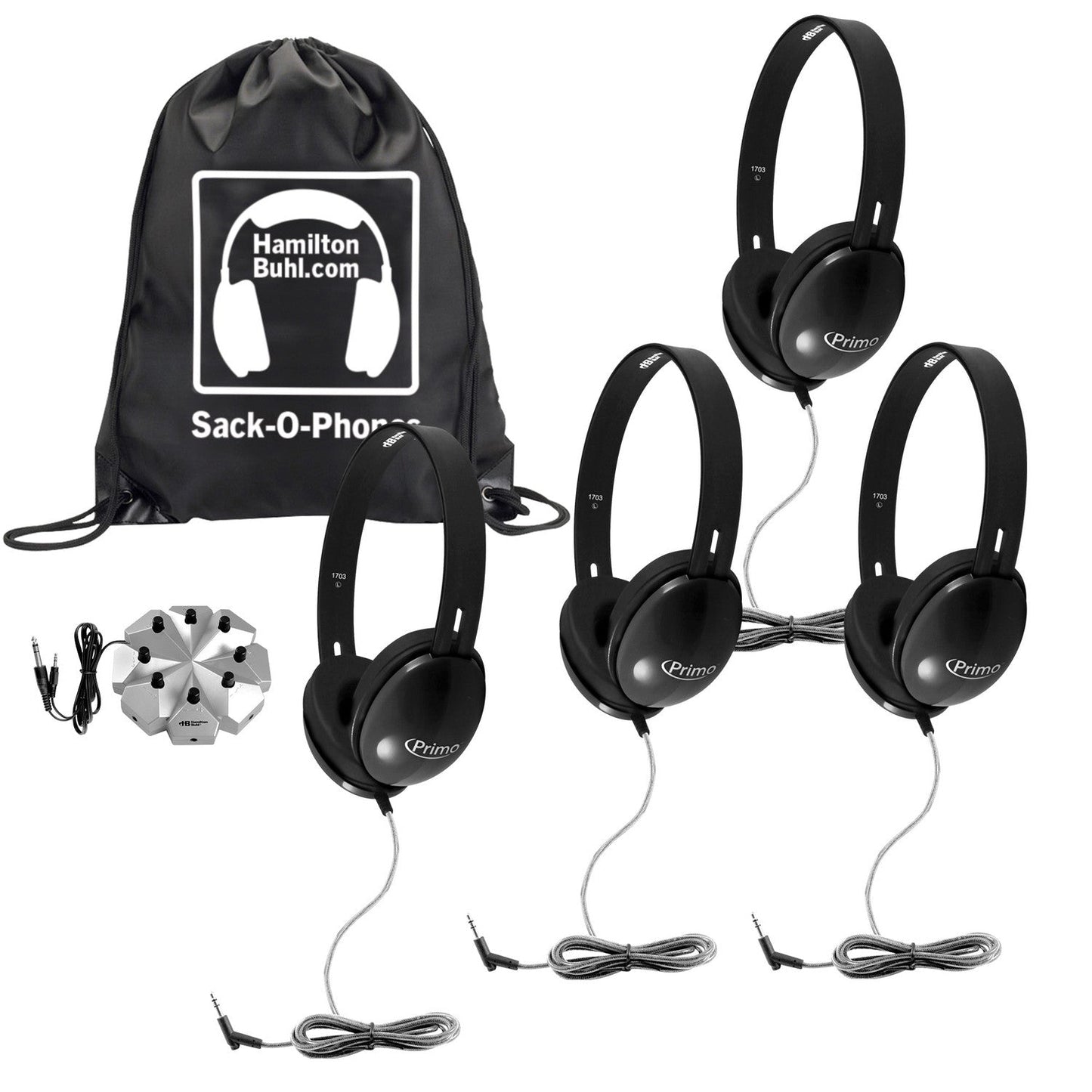 HamiltonBuhl Sack - O - Phones, 4 Black Primo Headphones and 3.5mm Jackbox (HML - SOP - PRMB4JB - XXX) - SchoolOutlet