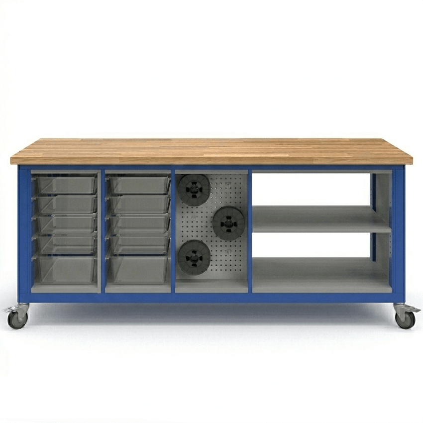 Haskell Education Explorer Cargo Cart with Butcher Block Top Overhang - 2 Bin, 1 Pegboard, 1 Double Storage 77.5"W x 28"D x 35.5"H (HAS - CG3BBPS2.2877) - SchoolOutlet