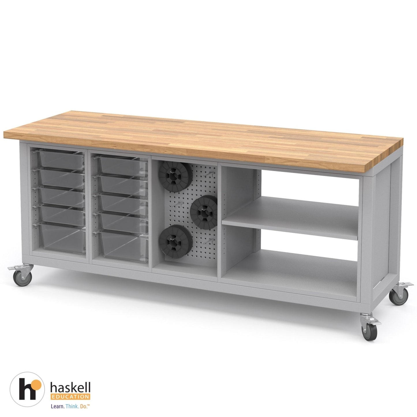 Haskell Education Explorer Cargo Cart with Butcher Block Top Overhang - 2 Bin, 1 Pegboard, 1 Double Storage 77.5"W x 28"D x 35.5"H (HAS - CG3BBPS2.2877) - SchoolOutlet