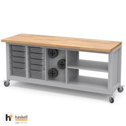 Haskell Education Explorer Cargo Cart with Butcher Block Top Overhang - 2 Bin, 1 Pegboard, 1 Double Storage 77.5"W x 28"D x 35.5"H (HAS-CG3BBPS2.2877)