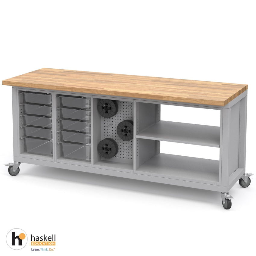 Haskell Education Explorer Cargo Cart with Butcher Block Top Overhang - 2 Bin, 1 Pegboard, 1 Double Storage 77.5"W x 28"D x 35.5"H (HAS - CG3BBPS2.2877) - SchoolOutlet