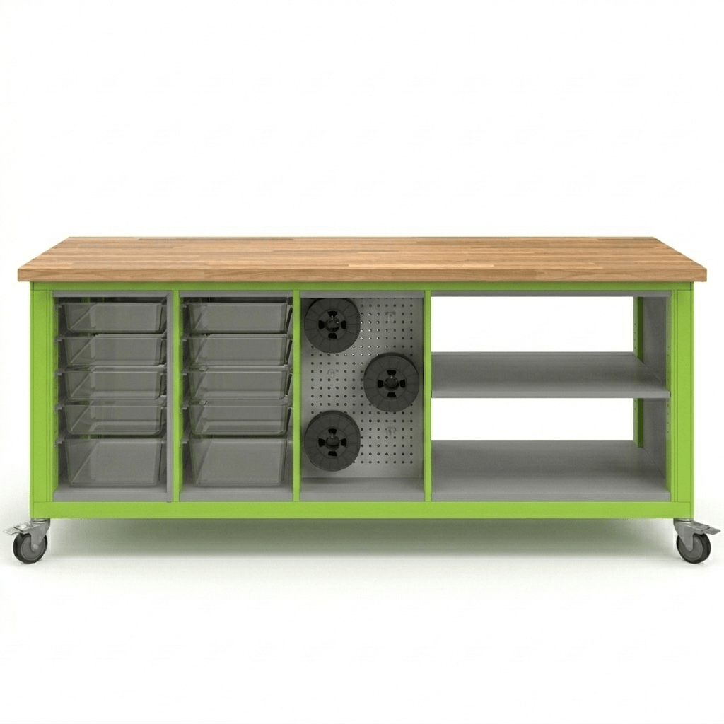 Haskell Education Explorer Cargo Cart with Butcher Block Top Overhang - 2 Bin, 1 Pegboard, 1 Double Storage 77.5"W x 28"D x 35.5"H (HAS - CG3BBPS2.2877) - SchoolOutlet