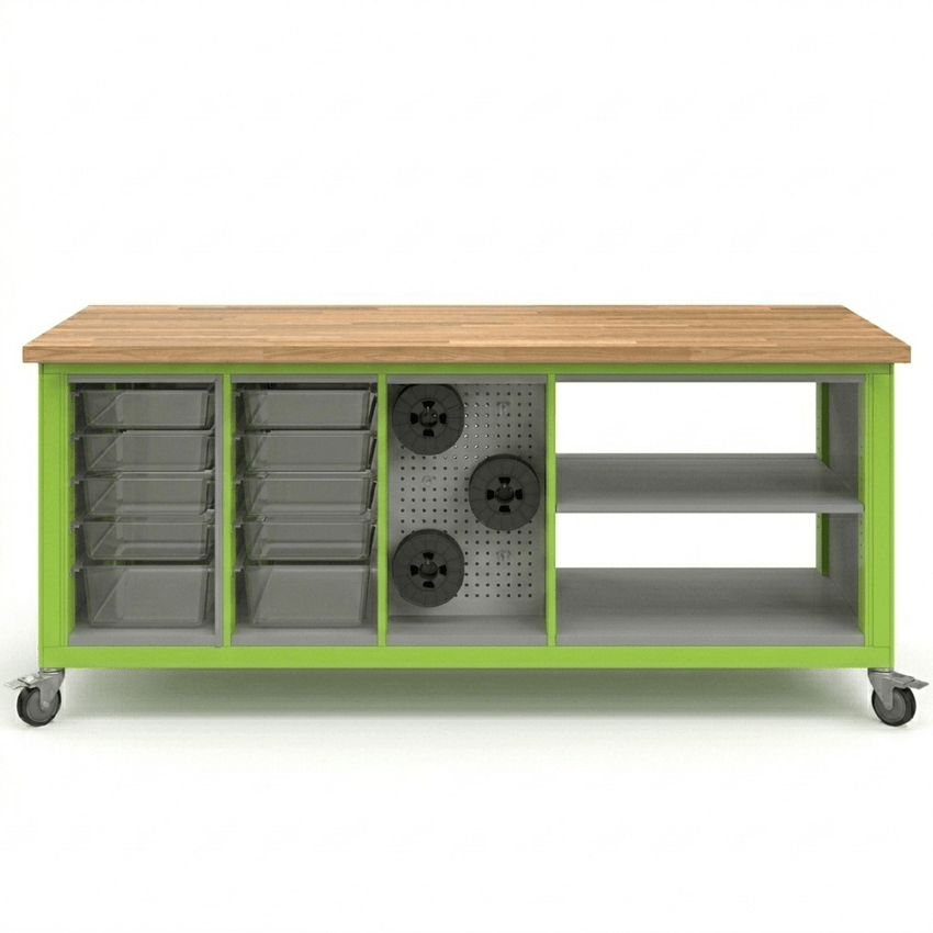 Haskell Education Explorer Cargo Cart with Butcher Block Top Overhang - 2 Bin, 1 Pegboard, 1 Double Storage 77.5"W x 28"D x 35.5"H (HAS - CG3BBPS2.2877) - SchoolOutlet