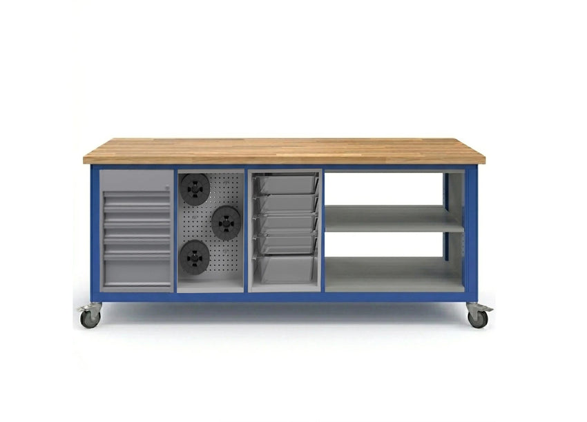 Haskell Education Explorer Cargo Cart with Butcher Block Top Overhang - 1 Tool, 1 Pegboard, 1 Bin, 1 Double Storage 77.5"W x 28"D x 35.5"H (HAS - CG3TPBD2.2877) - SchoolOutlet