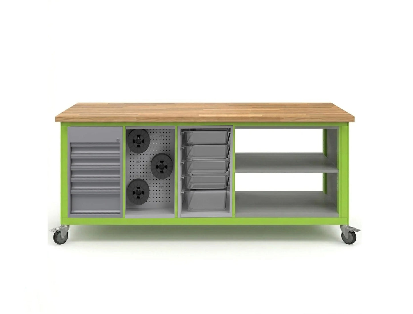 Haskell Education Explorer Cargo Cart with Butcher Block Top Overhang - 1 Tool, 1 Pegboard, 1 Bin, 1 Double Storage 77.5"W x 28"D x 35.5"H (HAS - CG3TPBD2.2877) - SchoolOutlet