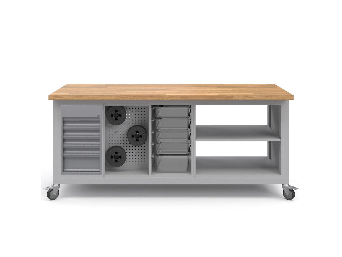Haskell Education Explorer Cargo Cart with Butcher Block Top Overhang - 1 Tool, 1 Pegboard, 1 Bin, 1 Double Storage 77.5"W x 28"D x 35.5"H (HAS - CG3TPBD2.2877) - SchoolOutlet