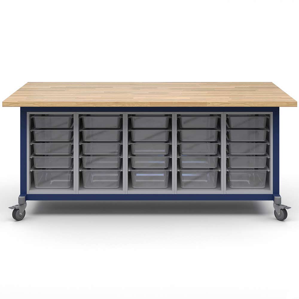 Haskell Education Explorer Maker Table with Butcher Block Top, 5 Bin Storage Modules - 36.5"H x 84"W x 42"D (MK1BBBBN.4284) - SchoolOutlet