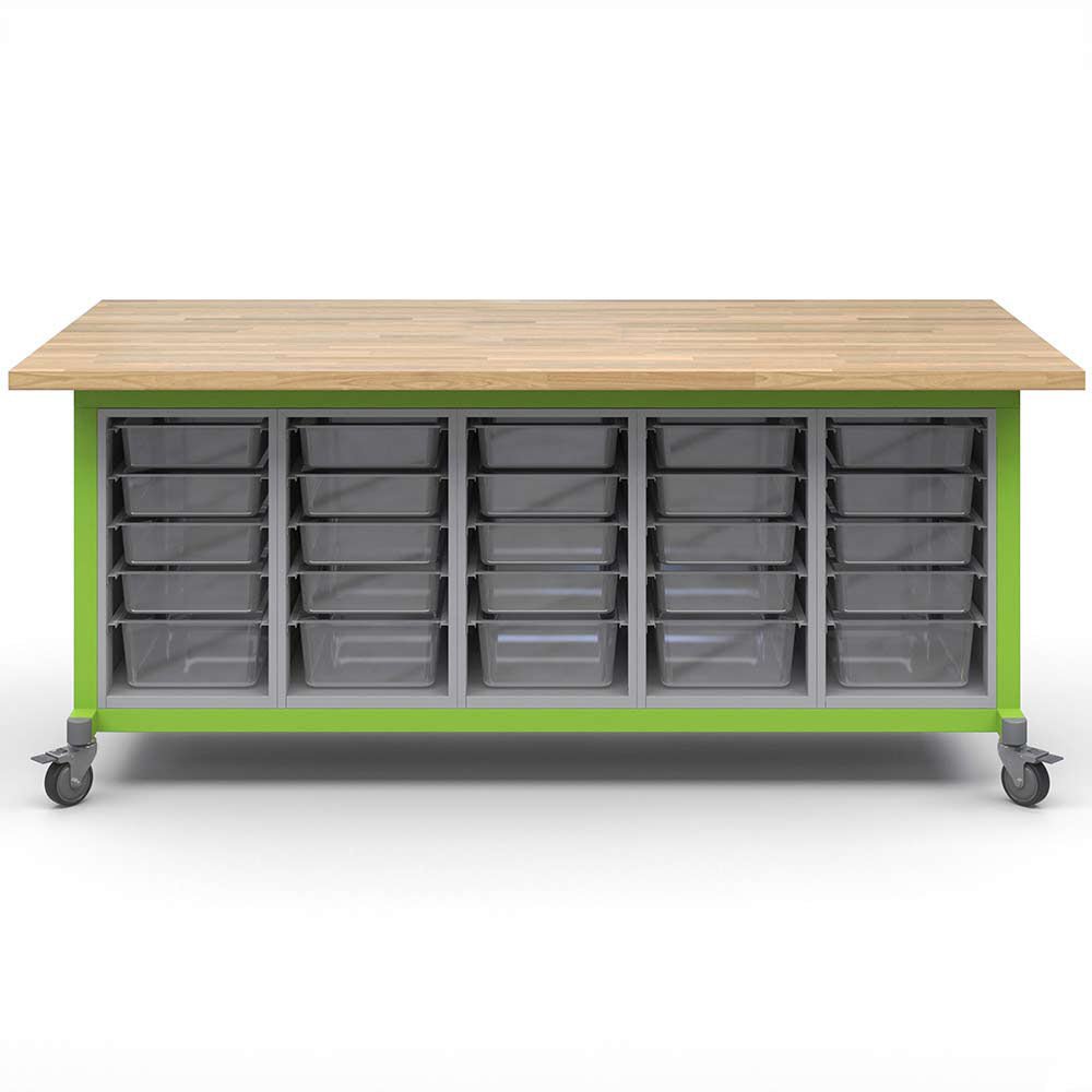 Haskell Education Explorer Maker Table with Butcher Block Top, 5 Bin Storage Modules - 36.5"H x 84"W x 42"D (MK1BBBBN.4284) - SchoolOutlet