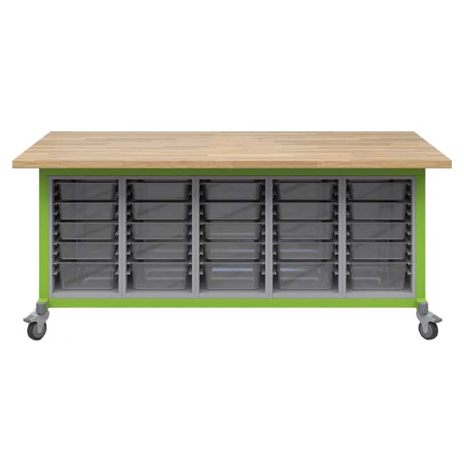 Haskell Education Explorer Maker Table with Butcher Block Top, 5 Bin Storage Modules - 36.5"H x 84"W x 42"D (MK1BBBBN.4284) - SchoolOutlet