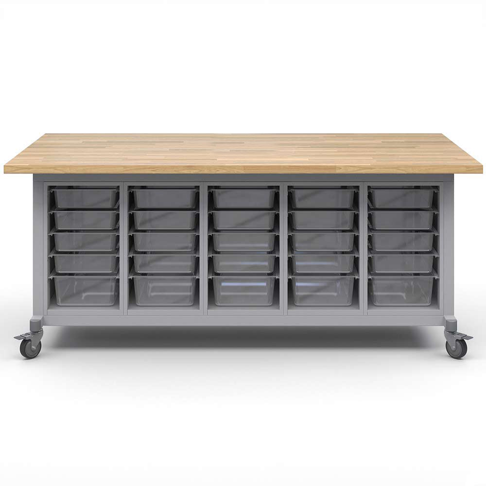 Haskell Education Explorer Maker Table with Butcher Block Top, 5 Bin Storage Modules - 36.5"H x 84"W x 42"D (MK1BBBBN.4284) - SchoolOutlet