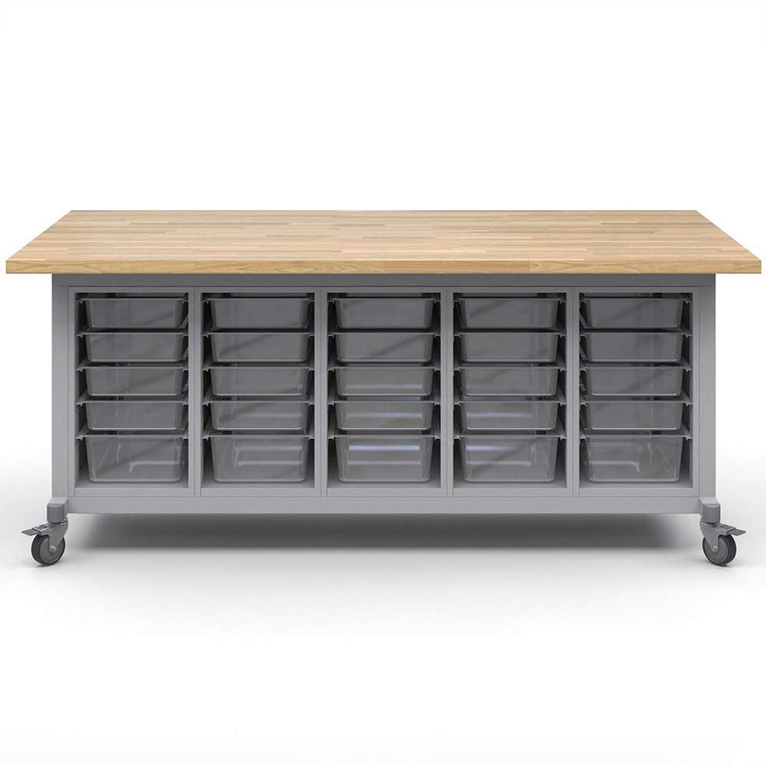 Haskell Education Explorer Maker Table with Butcher Block Top, 5 Bin Storage Modules - 36.5"H x 84"W x 42"D (MK1BBBBN.4284) - SchoolOutlet