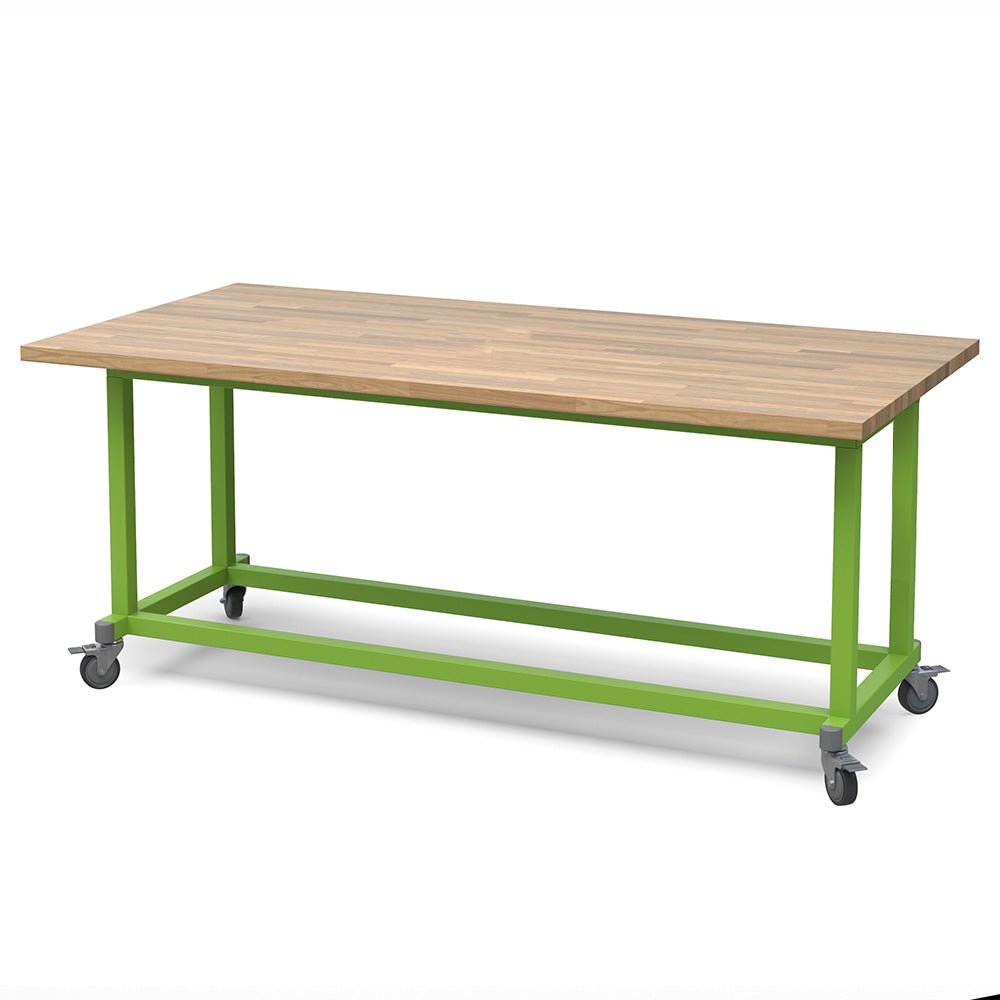 Haskell Education Explorer Maker Table with Butcher Block Top, 5 Bin Storage Modules - 36.5"H x 84"W x 42"D (MK1BBBBN.4284) - SchoolOutlet