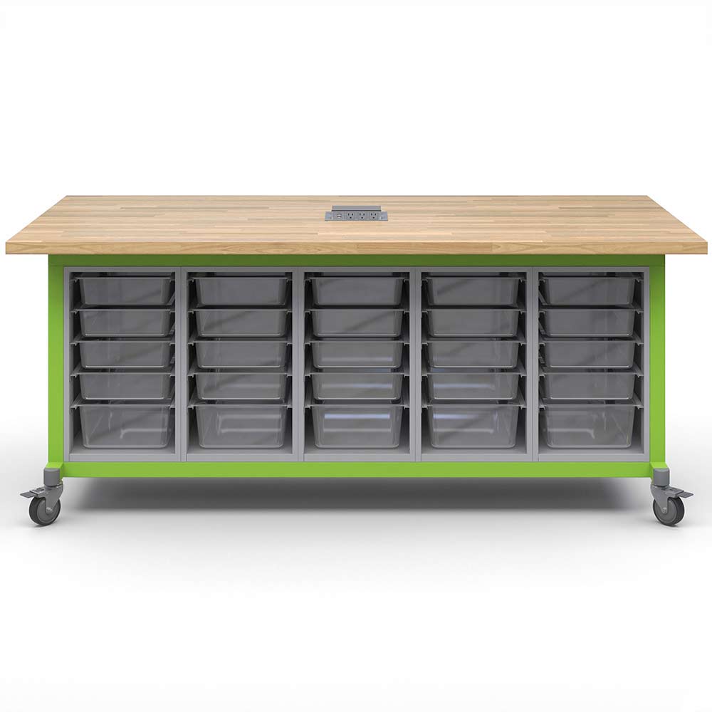 Haskell Education Explorer Maker Table with Butcher Block Top, 5 Bin Storage Modules and Power Unit - 36.5"H x 84"W x 42"D (MK1EBBBBN.4284) - SchoolOutlet