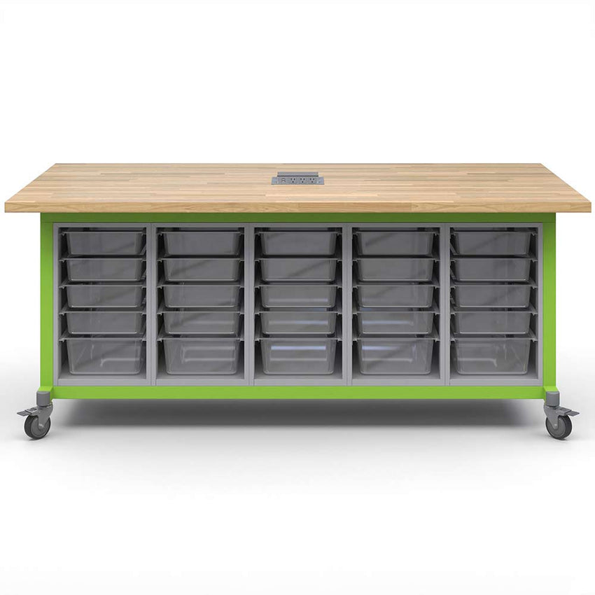 Haskell Education Explorer Maker Table with Butcher Block Top, 5 Bin Storage Modules and Power Unit - 36.5"H x 84"W x 42"D (MK1EBBBBN.4284) - SchoolOutlet
