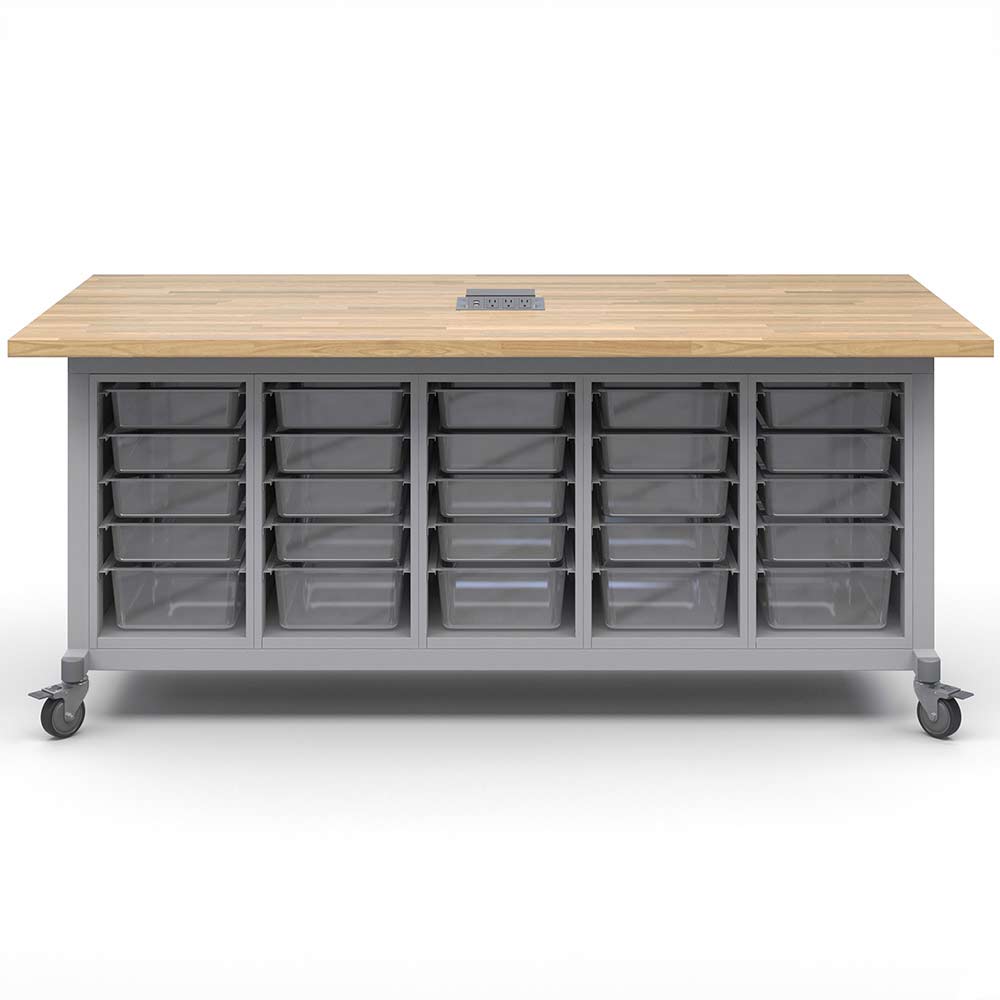 Haskell Education Explorer Maker Table with Butcher Block Top, 5 Bin Storage Modules and Power Unit - 36.5"H x 84"W x 42"D (MK1EBBBBN.4284) - SchoolOutlet