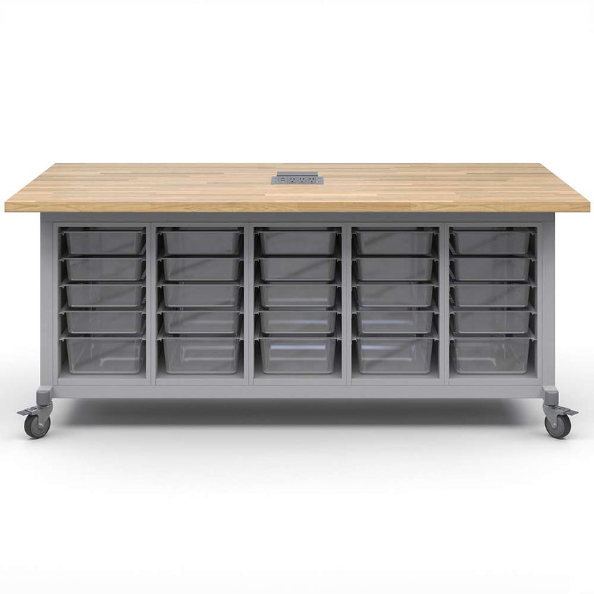 Haskell Education Explorer Maker Table with Butcher Block Top, 5 Bin Storage Modules and Power Unit - 36.5"H x 84"W x 42"D (MK1EBBBBN.4284) - SchoolOutlet