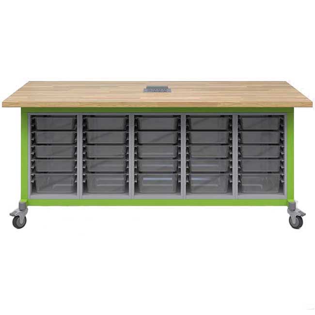 Haskell Education Explorer Maker Table with Butcher Block Top, 5 Bin Storage Modules and Power Unit - 36.5"H x 84"W x 42"D (MK1EBBBBN.4284) - SchoolOutlet