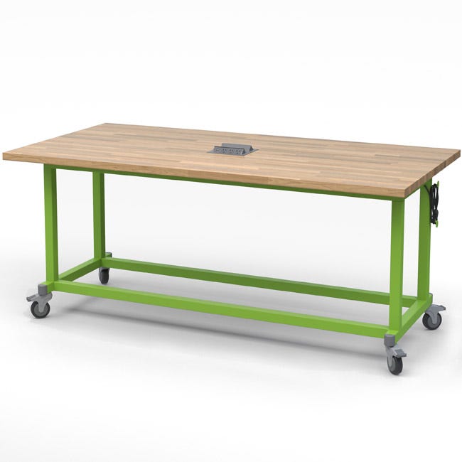 Haskell Education Explorer Maker Table with Butcher Block Top, 5 Bin Storage Modules and Power Unit - 36.5"H x 84"W x 42"D (MK1EBBBBN.4284) - SchoolOutlet