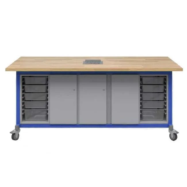 Haskell Education Explorer Maker Table with Butcher Block Top, 1 Storage Module with Door, 1 Double Storage Module with Doors, 2 Bin Storage Module and Power Unit - 84"W x 42"D x 36.5"H (HAS - MK1EBDD2B.4284) - SchoolOutlet