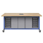 Haskell Education Explorer Maker Table with Butcher Block Top, 1 Storage Module with Door, 1 Double Storage Module with Doors, 2 Bin Storage Module and Power Unit - 84