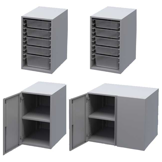 Haskell Education Explorer Maker Table with Butcher Block Top, 1 Storage Module with Door, 1 Double Storage Module with Doors, 2 Bin Storage Module and Power Unit - 84"W x 42"D x 36.5"H (HAS - MK1EBDD2B.4284) - SchoolOutlet