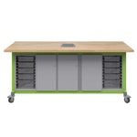 Haskell Education Explorer Maker Table with Butcher Block Top, 1 Storage Module with Door, 1 Double Storage Module with Doors, 2 Bin Storage Module and Power Unit - 84