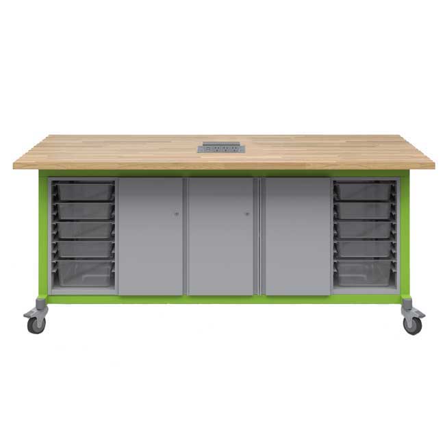Haskell Education Explorer Maker Table with Butcher Block Top, 1 Storage Module with Door, 1 Double Storage Module with Doors, 2 Bin Storage Module and Power Unit - 84"W x 42"D x 36.5"H (HAS - MK1EBDD2B.4284) - SchoolOutlet