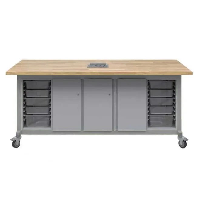 Haskell Education Explorer Maker Table with Butcher Block Top, 1 Storage Module with Door, 1 Double Storage Module with Doors, 2 Bin Storage Module and Power Unit - 84"W x 42"D x 36.5"H (HAS - MK1EBDD2B.4284) - SchoolOutlet