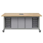 Haskell Education Explorer Maker Table with Butcher Block Top, 1 Storage Module with Door, 1 Double Storage Module with Doors, 2 Bin Storage Module and Power Unit - 84