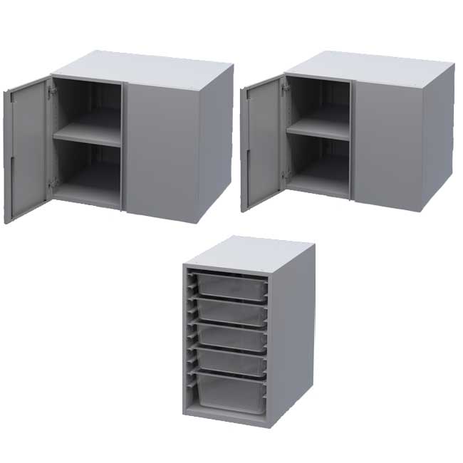 Haskell Education Explorer Maker Table with Butcher Block Top, 2 Double Storage Module with Doors, 1 Bin Center Storage Module and Power Unit - 36.5"H x 84"W x 42"D (MK1ED2BD2 - 4284) - SchoolOutlet