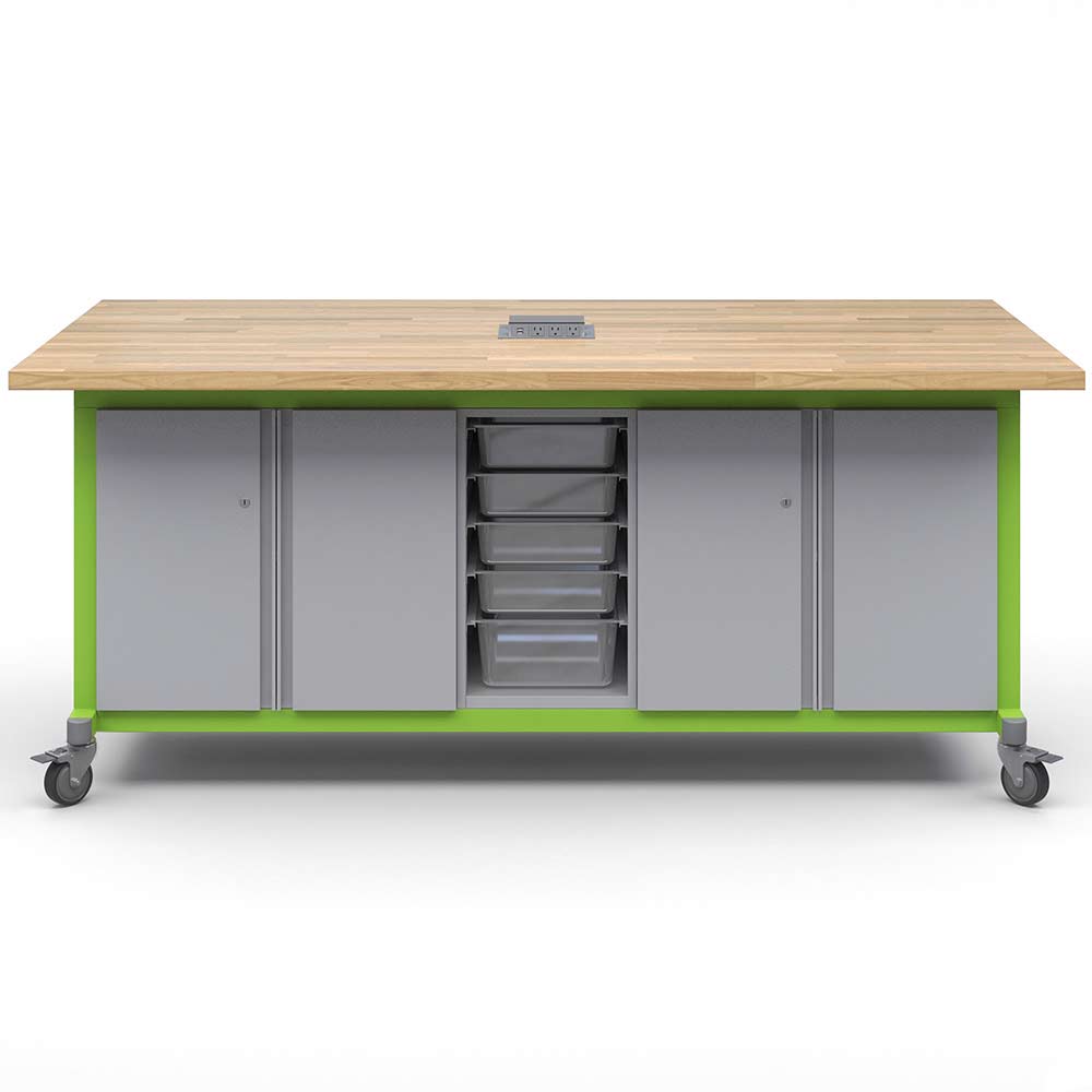 Haskell Education Explorer Maker Table with Butcher Block Top, 2 Double Storage Module with Doors, 1 Bin Center Storage Module and Power Unit - 36.5"H x 84"W x 42"D (MK1ED2BD2 - 4284) - SchoolOutlet