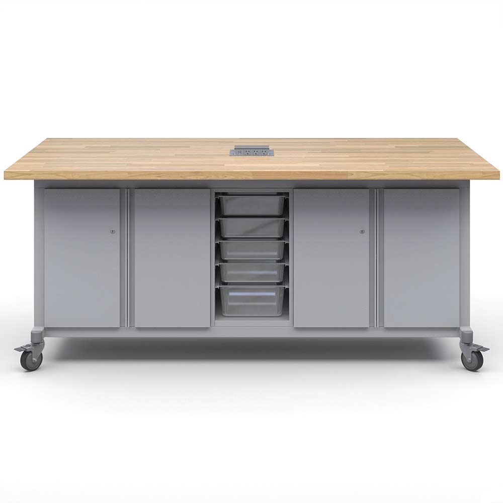 Haskell Education Explorer Maker Table with Butcher Block Top, 2 Double Storage Module with Doors, 1 Bin Center Storage Module and Power Unit - 36.5"H x 84"W x 42"D (MK1ED2BD2 - 4284) - SchoolOutlet