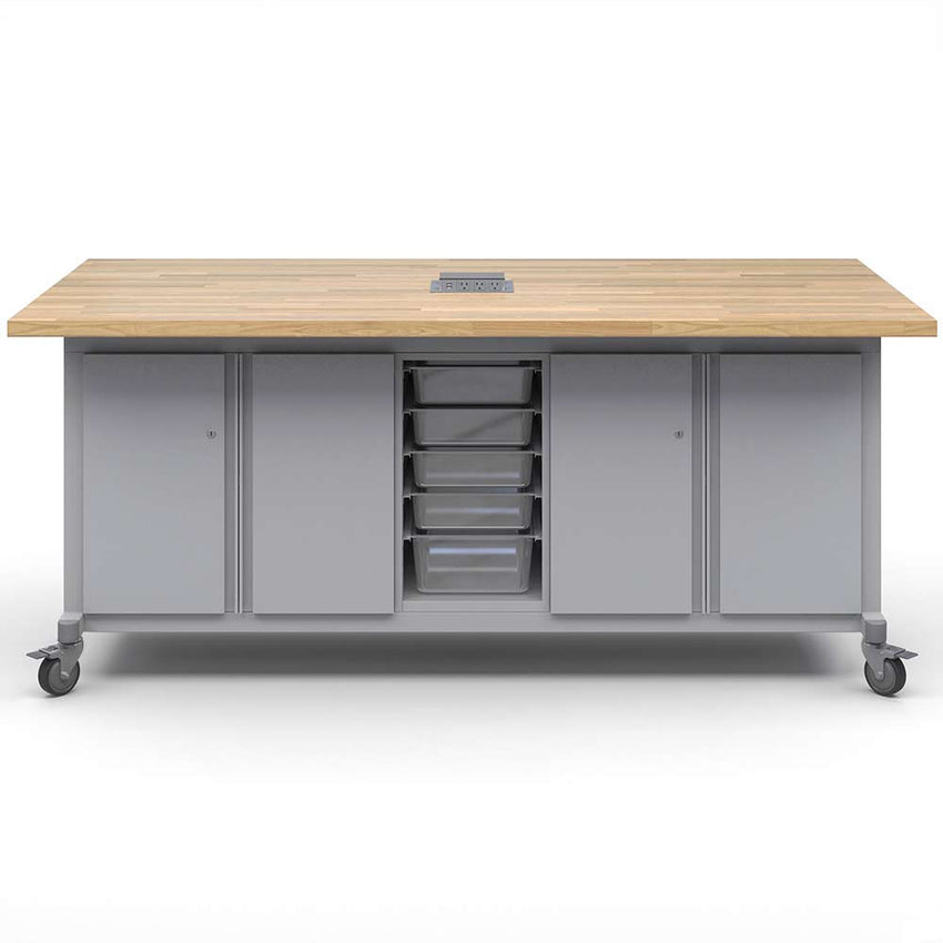 Haskell Education Explorer Maker Table with Butcher Block Top, 2 Double Storage Module with Doors, 1 Bin Center Storage Module and Power Unit - 36.5"H x 84"W x 42"D (MK1ED2BD2 - 4284) - SchoolOutlet
