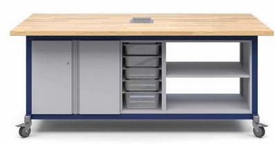 Haskell Education Explorer Maker Table with Butcher Block Top, 1 Double Storage with Doors, 1 Open Double Storage, 1 Bin Center Storage Module and Power Unit - 84"W x 42"D x 36.5"H (HAS - MK1ED2BS2.4284) - SchoolOutlet