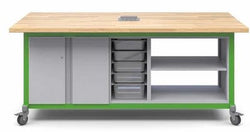 Haskell Education Explorer Maker Table with Butcher Block Top, 1 Double Storage with Doors, 1 Open Double Storage, 1 Bin Center Storage Module and Power Unit - 84"W x 42"D x 36.5"H (HAS-MK1ED2BS2.4284)