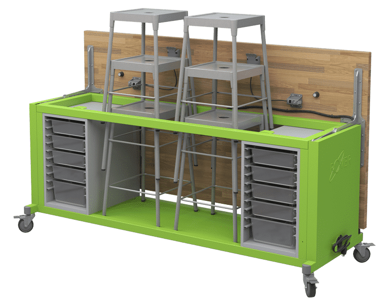 Haskell Education Rover Table with Butcher Block Retractable top, 2 Bin Storage Modules with Bins, 6 Stools (RV1SBxxxB) - SchoolOutlet