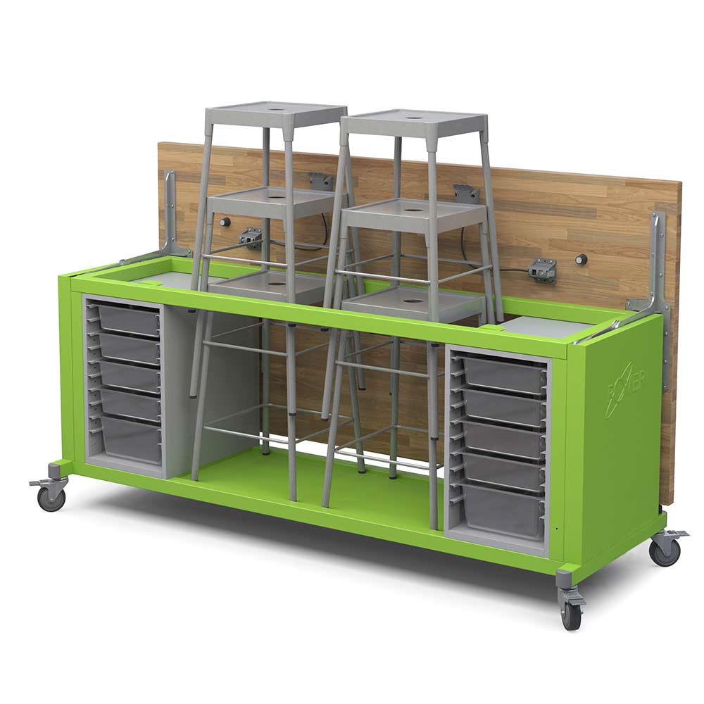 Haskell Education Rover Table with Butcher Block Retractable top, 2 Bin Storage Modules with Bins, 6 Stools (RV1SBxxxB) - SchoolOutlet