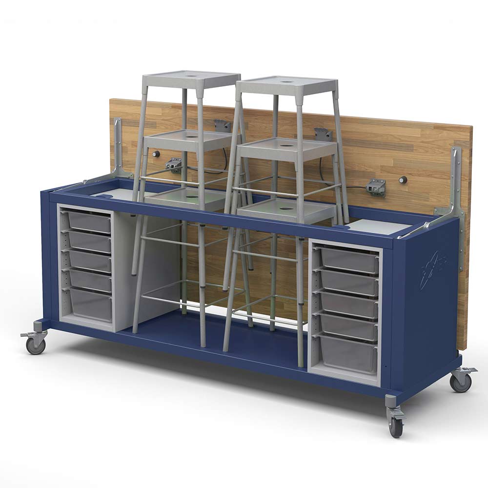 Haskell Education Rover Table with Butcher Block Retractable top, 2 Bin Storage Modules with Bins, 6 Stools (RV1SBxxxB) - SchoolOutlet
