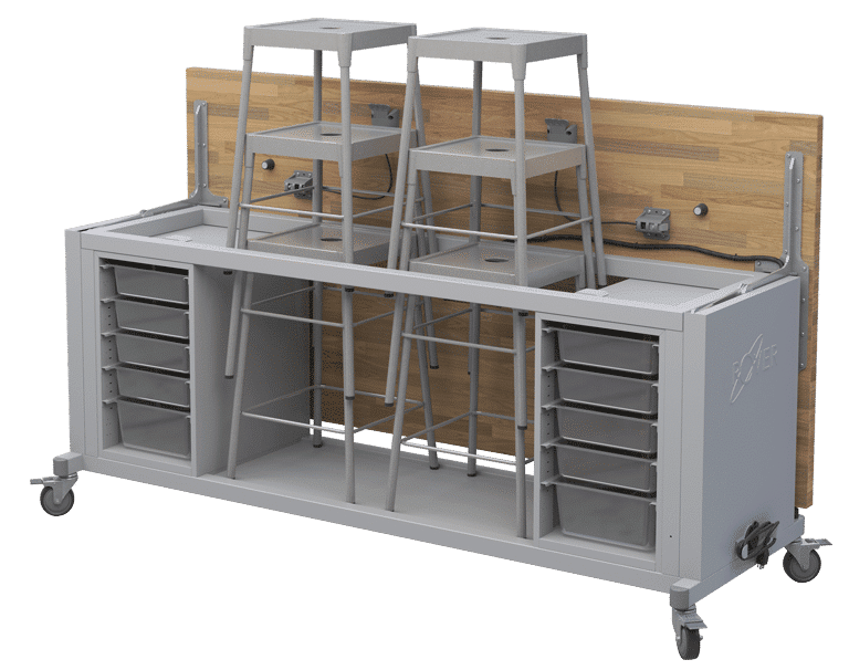 Haskell Education Rover Table with Butcher Block Retractable top, 2 Bin Storage Modules with Bins, 6 Stools (RV1SBxxxB) - SchoolOutlet